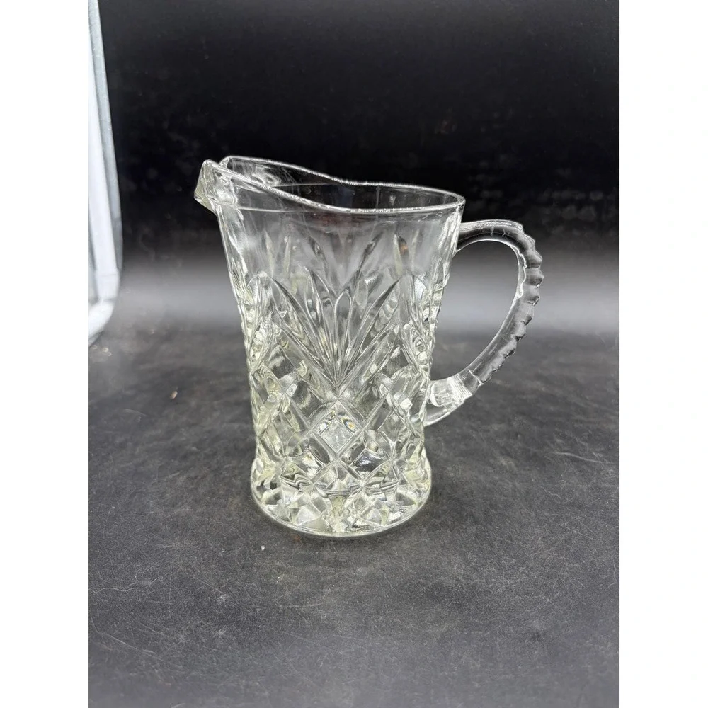 Vintage Clear Pressed Glass Pitcher Diamond Point Fan Pattern Small Creamer 5in